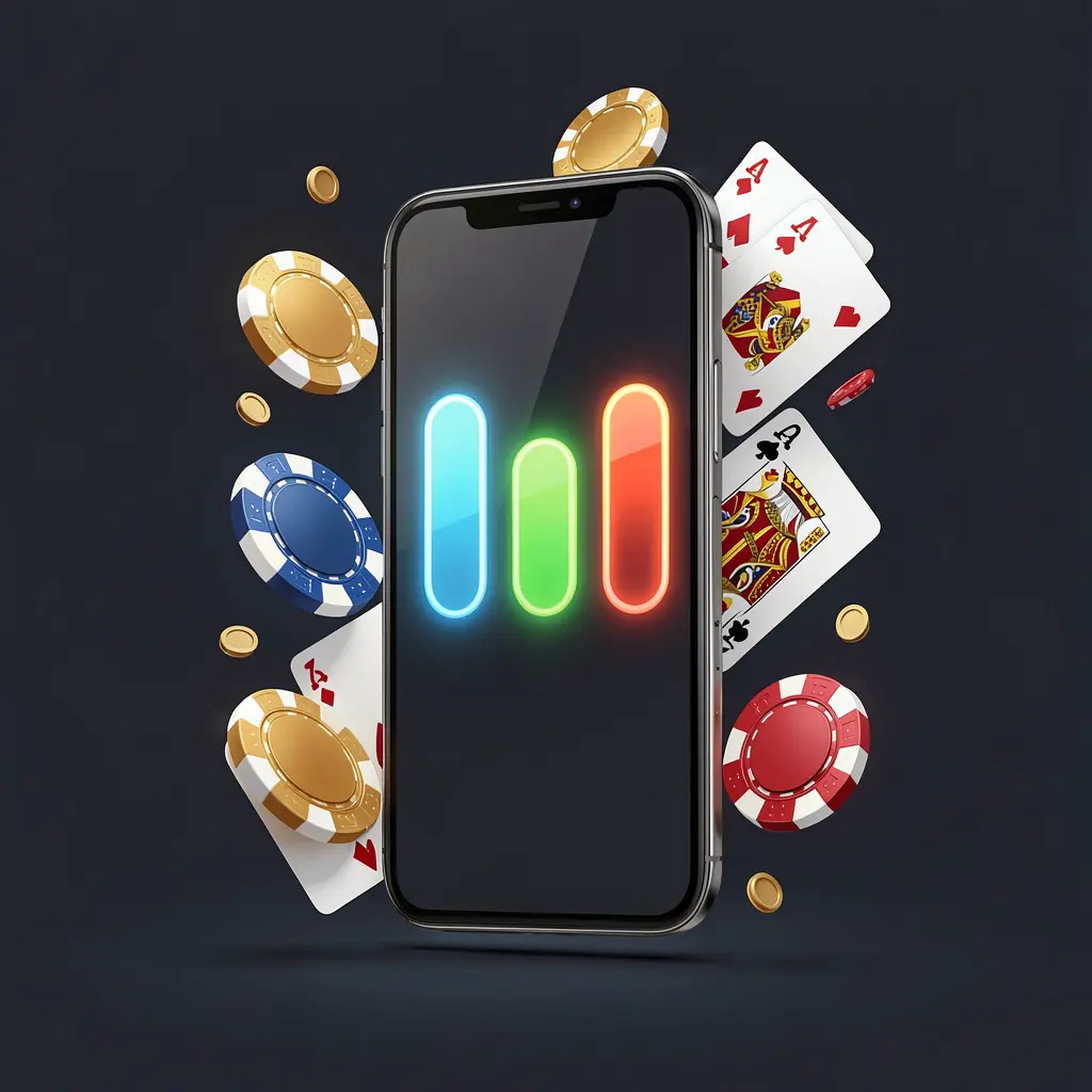 U22 VlP casino app installation on smartphone with glowing progress bar, surrounded by coins, chips, and cards on a dark background U22 VlP casino app installation on smartphone with glowing progress bar, surrounded by coins, chips, and cards on a dark background