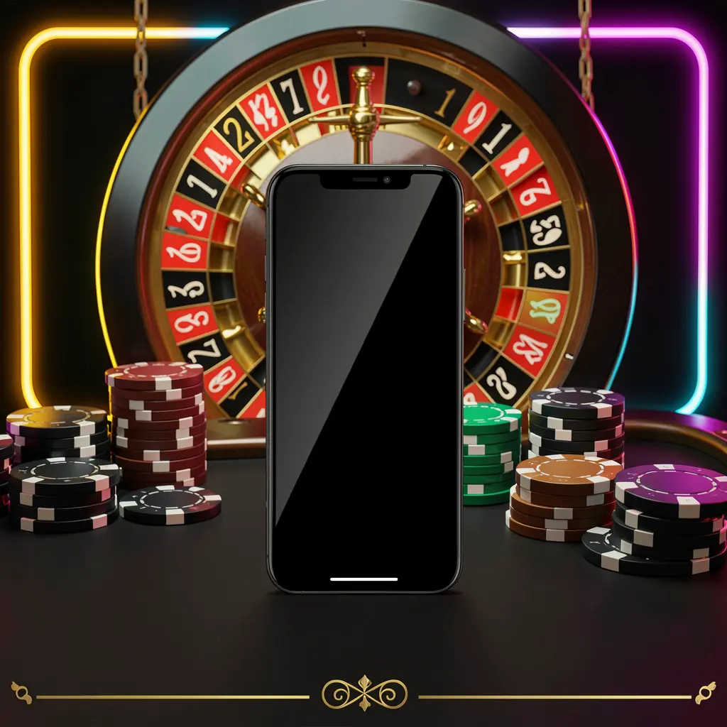 U22 VlP mobile casino application scene featuring a phone in the center with a roulette wheel and poker chips in the background, illuminated by glowing neon lights in a premium black and gold style U22 VlP mobile casino application scene featuring a phone in the center with a roulette wheel and poker chips in the background, illuminated by glowing neon lights in a premium black and gold style