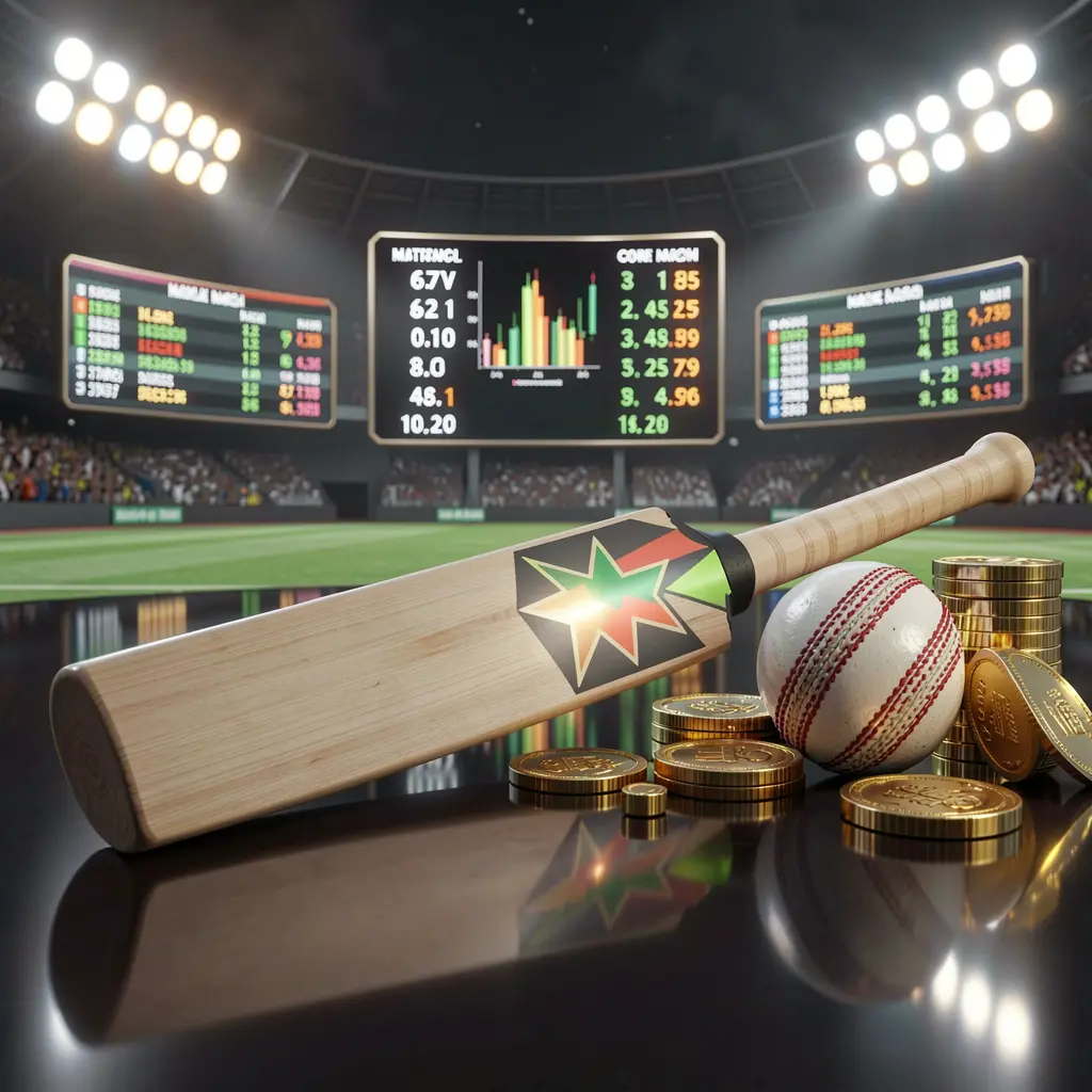 U22 VlP premium sports betting image featuring a cricket bat and ball on a glossy dark surface with golden coins, glowing match statistics, and stadium lights in a realistic 3D render U22 VlP premium sports betting image featuring a cricket bat and ball on a glossy dark surface with golden coins, glowing match statistics, and stadium lights in a realistic 3D render