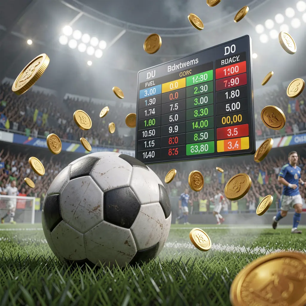 U22 VlP sports betting page showing a packed football stadium with a soccer ball in the foreground, floating digital odds interface, and golden coins flying in a realistic 3D illustration U22 VlP sports betting page showing a packed football stadium with a soccer ball in the foreground, floating digital odds interface, and golden coins flying in a realistic 3D illustration