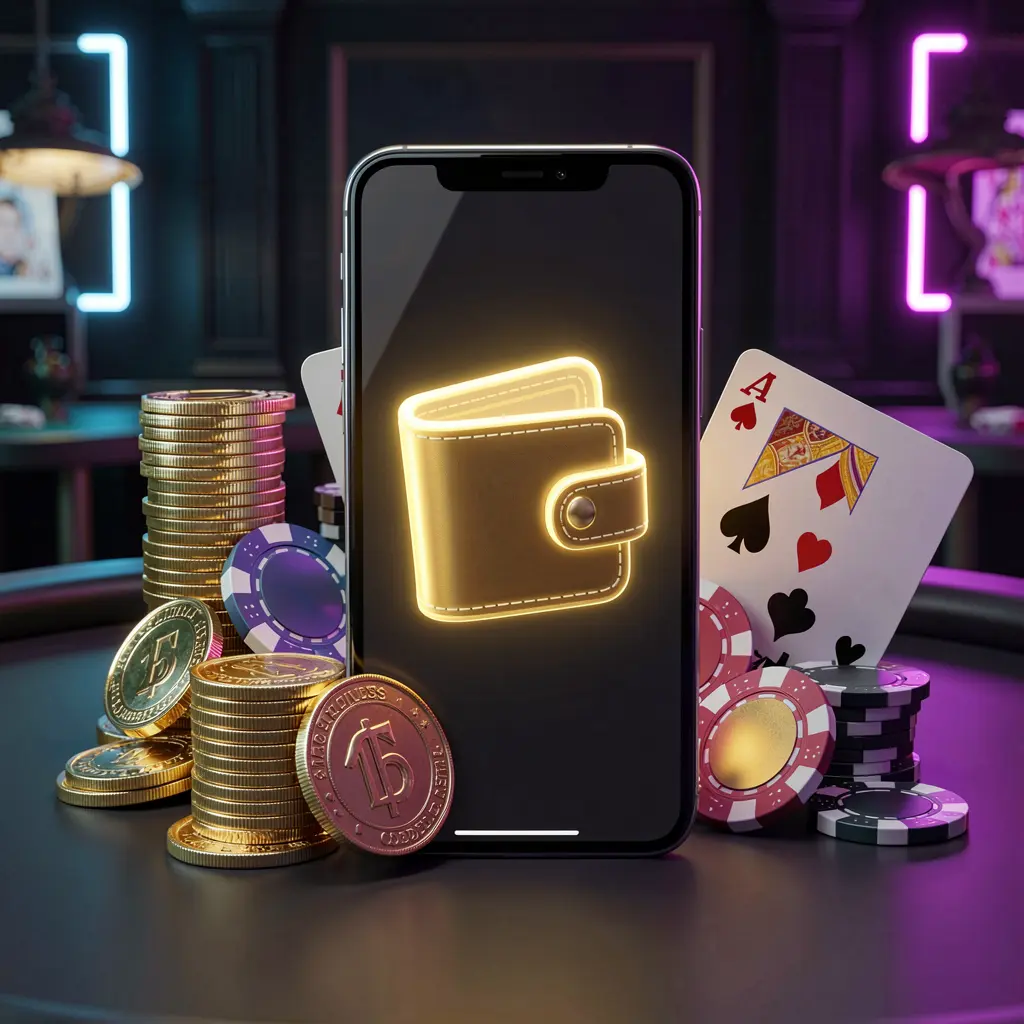 U22 VlP online casino deposit bonus concept featuring a smartphone screen with a glowing wallet icon surrounded by stacks of golden coins, poker chips, and bank cards on a dark luxury background with neon highlights in a realistic 3D style U22 VlP online casino deposit bonus concept featuring a smartphone screen with a glowing wallet icon surrounded by stacks of golden coins, poker chips, and bank cards on a dark luxury background with neon highlights in a realistic 3D style