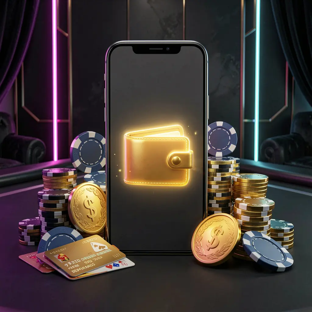 U22 VlP online casino deposit bonus concept with a smartphone screen displaying a glowing wallet icon surrounded by stacks of golden coins, poker chips, and bank cards on a dark luxury background with neon highlights U22 VlP online casino deposit bonus concept with a smartphone screen displaying a glowing wallet icon surrounded by stacks of golden coins, poker chips, and bank cards on a dark luxury background with neon highlights