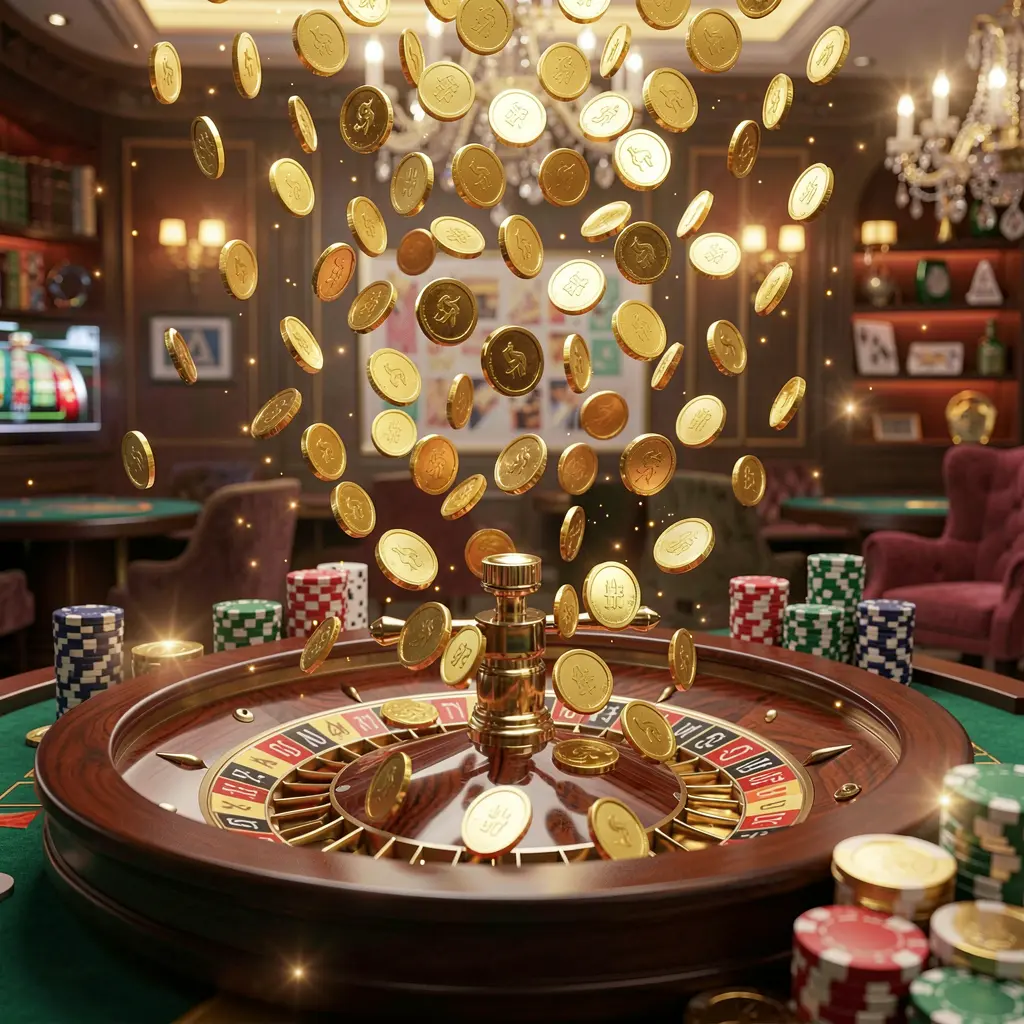 U22 VlP premium online casino banner with golden coins raining over a roulette wheel and poker chips against a glowing luxury background in a dynamic, realistic 3D render U22 VlP premium online casino banner with golden coins raining over a roulette wheel and poker chips against a glowing luxury background in a dynamic, realistic 3D render