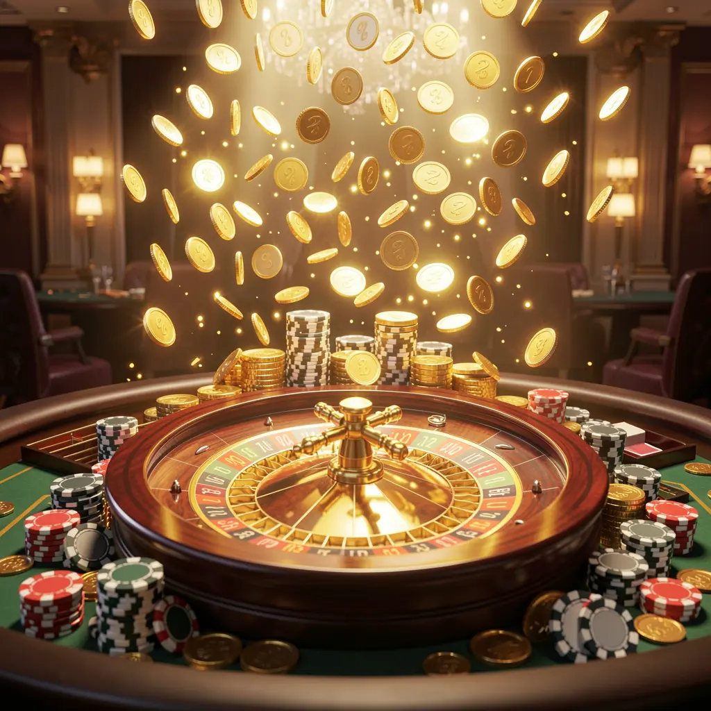 U22 VlP casino jackpot scene featuring golden coins, poker chips, and a roulette wheel with bright glowing lights in a luxury celebration atmosphere U22 VlP casino jackpot scene featuring golden coins, poker chips, and a roulette wheel with bright glowing lights in a luxury celebration atmosphere