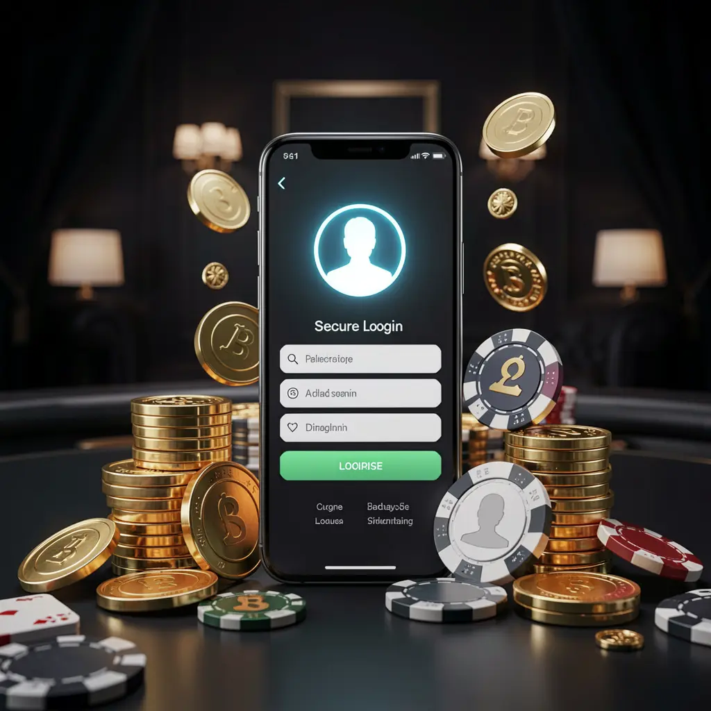 U22 VlP online casino login page hero banner featuring a modern smartphone with a secure login screen, glowing user profile icon, golden coins and poker chips surrounding it on a dark luxury background U22 VlP online casino login page hero banner featuring a modern smartphone with a secure login screen, glowing user profile icon, golden coins and poker chips surrounding it on a dark luxury background