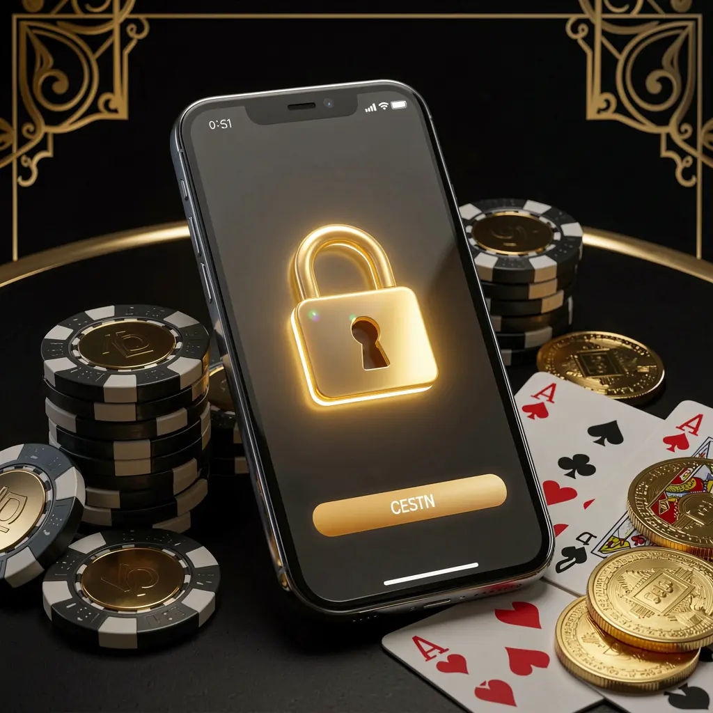 U22 VlP secure casino account login concept featuring a glowing lock icon on a smartphone screen surrounded by poker chips, playing cards, and golden coins against an elegant black and gold background U22 VlP secure casino account login concept featuring a glowing lock icon on a smartphone screen surrounded by poker chips, playing cards, and golden coins against an elegant black and gold background