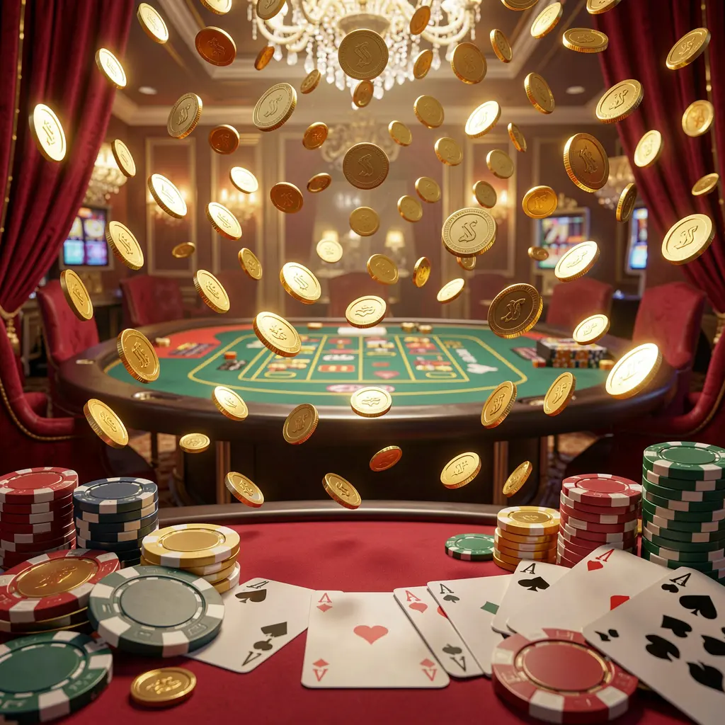 U22 VlP online gaming platform homepage banner featuring bright casino lights, golden coins raining, poker chips and playing cards in a luxury red and gold atmosphere U22 VlP online gaming platform homepage banner featuring bright casino lights, golden coins raining, poker chips and playing cards in a luxury red and gold atmosphere